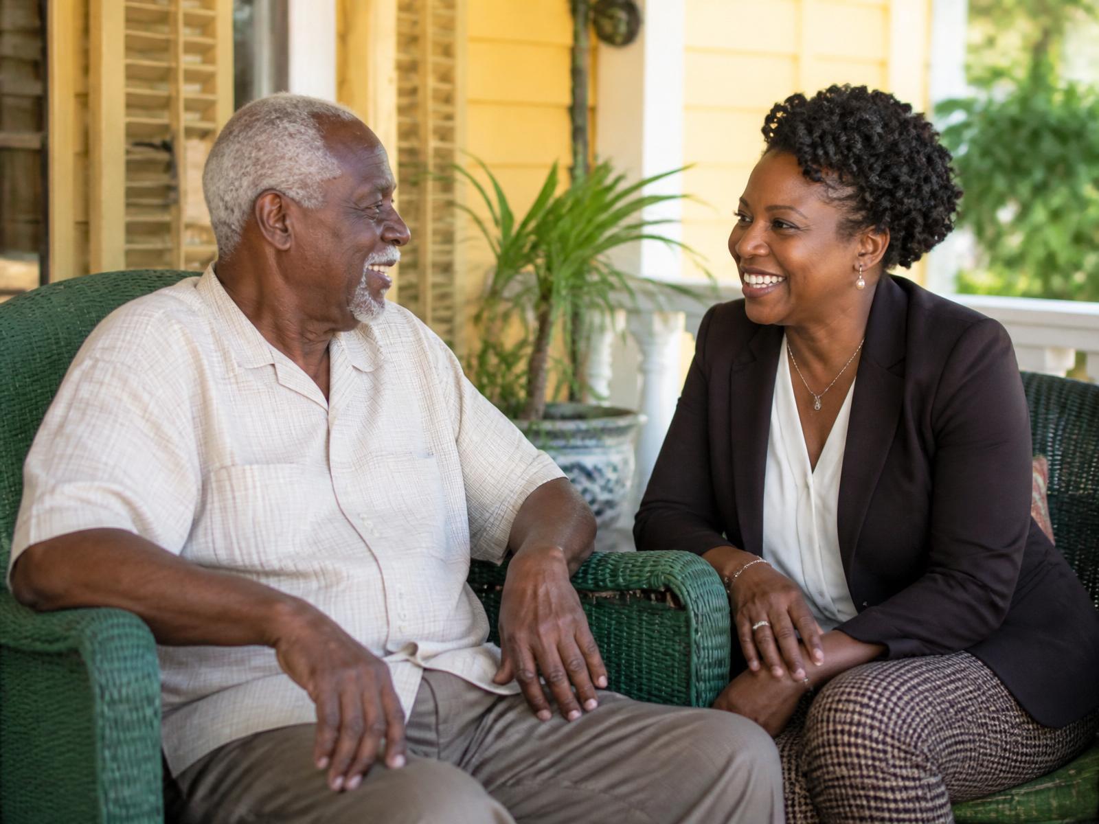 Care coordinator visiting an elderly Jamaican man on his sunny porch